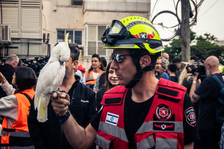 Tel Aviv, Ramat Gan, Israel, March 18, 2026 Emergency services including firefighters, paramedics,...