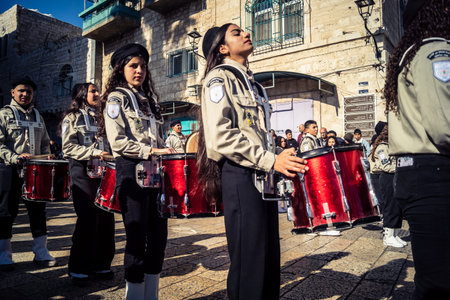 Bethlehem, West Bank, December 24, 2025 Palestinian scout marching band performs during the...