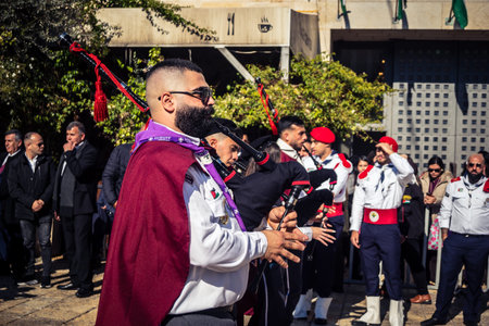 Bethlehem, West Bank, December 24, 2025 Palestinian scout marching band performs during the...