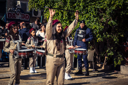 Bethlehem, West Bank, December 24, 2025 Close-up details of a Palestinian scout marching band during the Christmas parade. Intensity of the musicians defines this traditional holiday celebration.のeditorial素材
