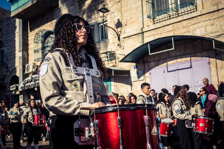 Bethlehem, West Bank, December 24, 2025 Close-up details of a Palestinian scout marching band during...