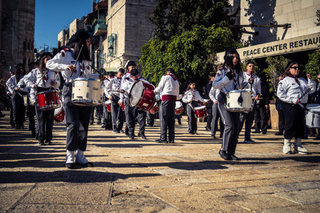 Bethlehem, West Bank, December 24, 2025 Palestinian scout marching band performs during the...