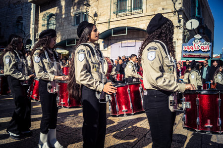 Bethlehem, West Bank, December 24, 2025 Palestinian scout marching band performs during the...