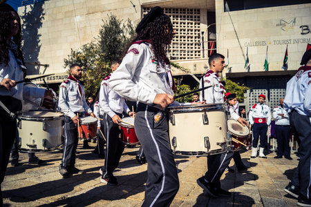 Bethlehem, West Bank, December 24, 2025 Close-up details of a Palestinian scout marching band during...