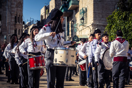 Bethlehem, West Bank, December 24, 2025 Palestinian scout marching band performs during the...
