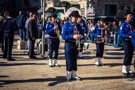 Bethlehem, West Bank, December 24, 2025 Palestinian scout marching band performs during the...