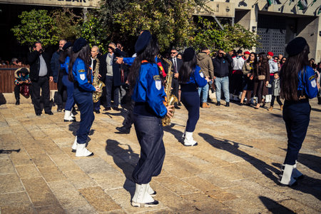 Bethlehem, West Bank, December 24, 2025 Palestinian scout marching band performs during the...