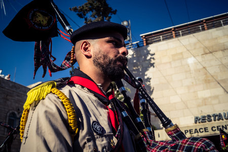 Bethlehem, West Bank, December 24, 2025 Close-up details of a Palestinian scout marching band during...