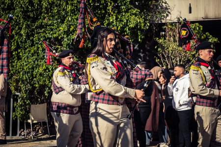 Bethlehem, West Bank, December 24, 2025 Close-up details of a Palestinian scout marching band during...