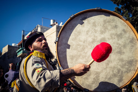 Bethlehem, West Bank, December 24, 2025 Close-up details of a Palestinian scout marching band during...