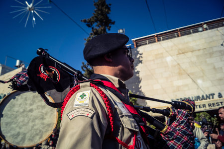 Bethlehem, West Bank, December 24, 2025 Close-up details of a Palestinian scout marching band during...