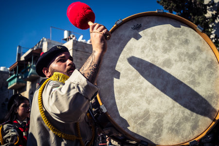 Bethlehem, West Bank, December 24, 2025 Close-up details of a Palestinian scout marching band during...