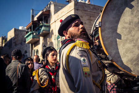 Bethlehem, West Bank, December 24, 2025 Close-up details of a Palestinian scout marching band during...