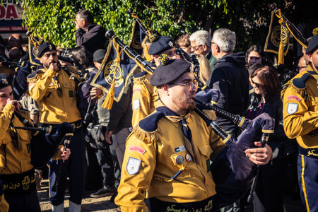 Bethlehem, West Bank, December 24, 2025 Close-up details of a Palestinian scout marching band during...