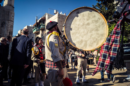 Bethlehem, West Bank, December 24, 2025 Close-up details of a Palestinian scout marching band during...