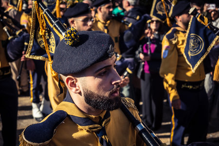 Bethlehem, West Bank, December 24, 2025 Close-up details of a Palestinian scout marching band during the Christmas parade. Intensity of the musicians defines this traditional holiday celebration.のeditorial素材
