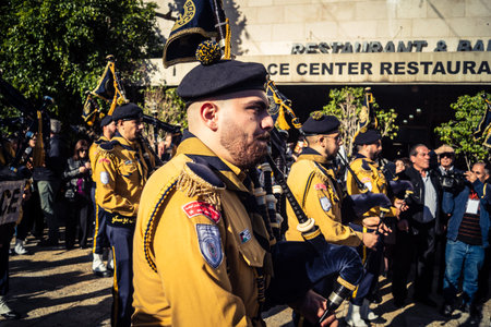 Bethlehem, West Bank, December 24, 2025 Close-up details of a Palestinian scout marching band during...