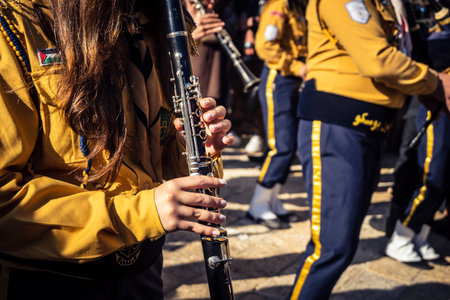 Bethlehem, West Bank, December 24, 2025 Close-up details of a Palestinian scout marching band during...