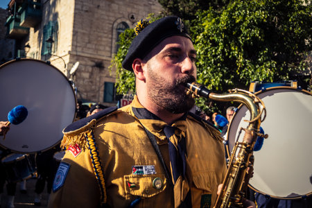 Bethlehem, West Bank, December 24, 2025 Close-up details of a Palestinian scout marching band during the Christmas parade. Intensity of the musicians defines this traditional holiday celebration.のeditorial素材