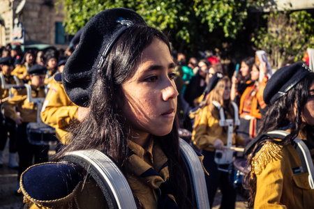 Bethlehem, West Bank, December 24, 2025 Close-up details of a Palestinian scout marching band during...