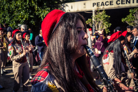 Bethlehem, West Bank, December 24, 2025 Close-up details of a Palestinian scout marching band during...
