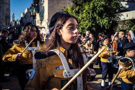Bethlehem, West Bank, December 24, 2025 Close-up details of a Palestinian scout marching band during...