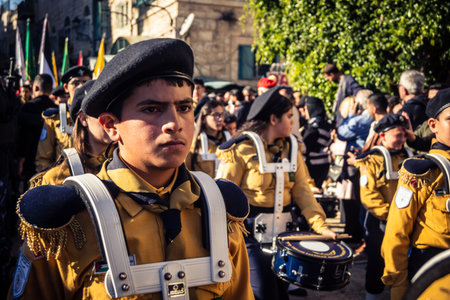 Bethlehem, West Bank, December 24, 2025 Close-up details of a Palestinian scout marching band during...