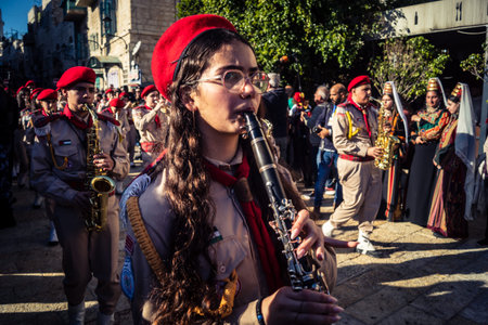 Bethlehem, West Bank, December 24, 2025 Close-up details of a Palestinian scout marching band during...
