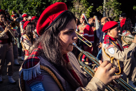 Bethlehem, West Bank, December 24, 2025 Close-up details of a Palestinian scout marching band during...