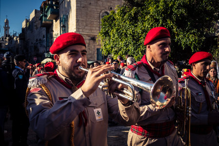 Bethlehem, West Bank, December 24, 2025 Close-up details of a Palestinian scout marching band during...