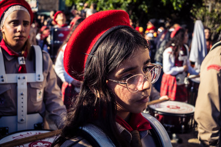 Bethlehem, West Bank, December 24, 2025 Close-up details of a Palestinian scout marching band during...