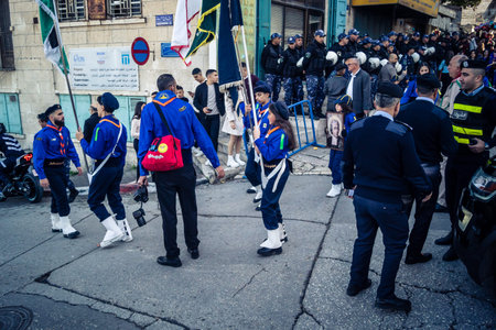 Bethlehem, West Bank, December 24, 2025 Palestinian scout marching band performs during the...
