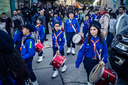Bethlehem, West Bank, December 24, 2025 Palestinian scout marching band performs during the...