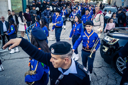 Bethlehem, West Bank, December 24, 2025 Palestinian scout marching band performs during the...