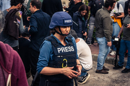 Tel Aviv, Ramat Gan, Israel, March 18, 2026 International news correspondents and camera crews from...