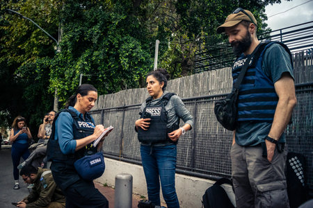 Tel Aviv, Ramat Gan, Israel, March 18, 2026 International news correspondents and camera crews from...