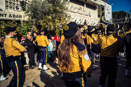 Bethlehem, West Bank, December 24, 2025 Palestinian scout marching band performs during the...