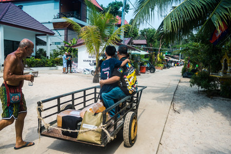 Koh Rong, Cambodia, January 24, 2025 Streets of Koh Touch, the main tourist area on Koh Rong. The beach is full of bars, restaurants, nightclubs, guest houses, bungalows and bustling music festivals.のeditorial素材