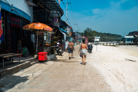 Koh Rong, Cambodia, January 24, 2025 Streets of Koh Touch, the main tourist area on Koh Rong. The beach is full of bars, restaurants, nightclubs, guest houses, bungalows and bustling music festivals.のeditorial素材