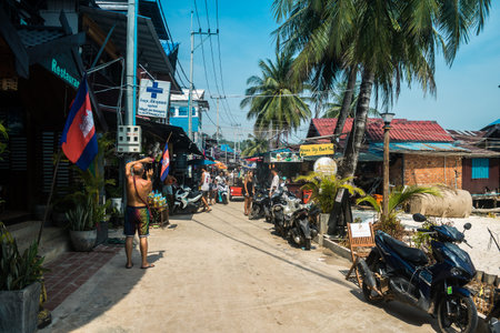 Koh Rong, Cambodia, January 24, 2025 Streets of Koh Touch, the main tourist area on Koh Rong. The beach is full of bars, restaurants, nightclubs, guest houses, bungalows and bustling music festivals.のeditorial素材