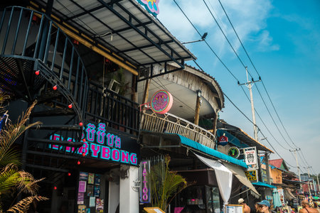 Koh Rong, Cambodia, January 24, 2025 Streets of Koh Touch, the main tourist area on Koh Rong. The beach is full of bars, restaurants, nightclubs, guest houses, bungalows and bustling music festivals.のeditorial素材