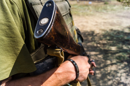 Donbass, Ukraine, August 16, 2025 Ukrainian soldiers train in various combat techniques. They...