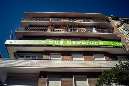 Seville, Spain, September 21, 2025 Architecture and facade of the buildings in the historic district in downtown Seville.のeditorial素材