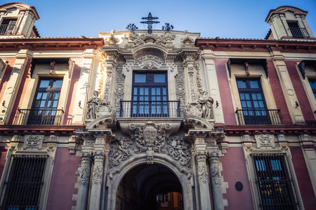 Seville, Spain, September 21, 2025 Architecture and facade of the buildings in the historic district in downtown Seville.のeditorial素材