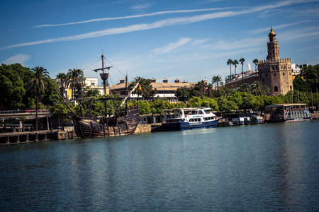 Seville, Spain, September 28, 2025 Views of the Guadalquivir River flowing through the city of Seville.のeditorial素材