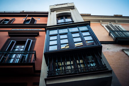 Seville, Spain, September 21, 2025 Architecture and facade of the buildings in the historic district...