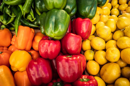 Hebron, West Bank, Palestine - February 12, 2026 Assorted fresh fruits and vegetables display for...