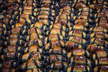 Jerusalem, Israel - February 17, 2026 Sweet delicacies of Mahane Yehuda, showcasing traditional...