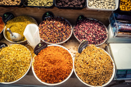 Jerusalem, Israel - February 17, 2026 Exploration of traditional spices at Mahane Yehuda Market,...