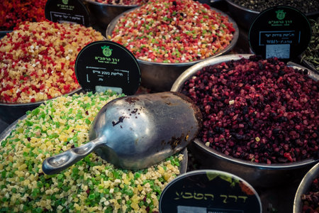 Jerusalem, Israel - February 17, 2026 Exploration of traditional dried fruits, vegetables and...